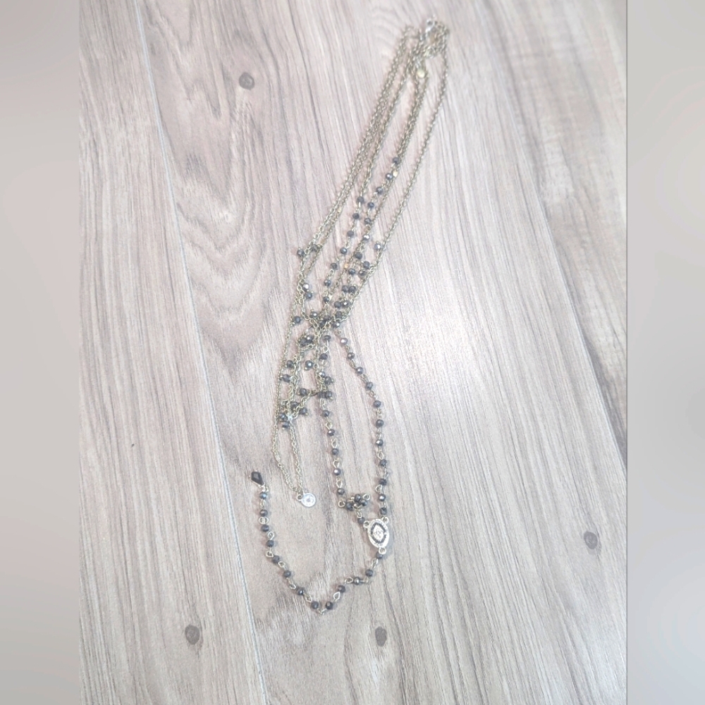 Rosary Necklace Silver Black Beaded Sparkly Layered Look Fashion 22"